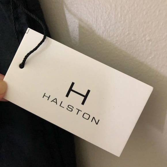 HALSTON Classic 100% Linen Washable Black Pants Belt Gold Buckle & Elastic Waist - Picture 2 of 12